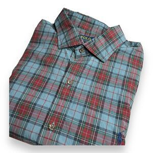 Ralph Lauren Polo Shirt Adult XL‎ Slim Fit Blue Red Pony Button Up Plaid Mens